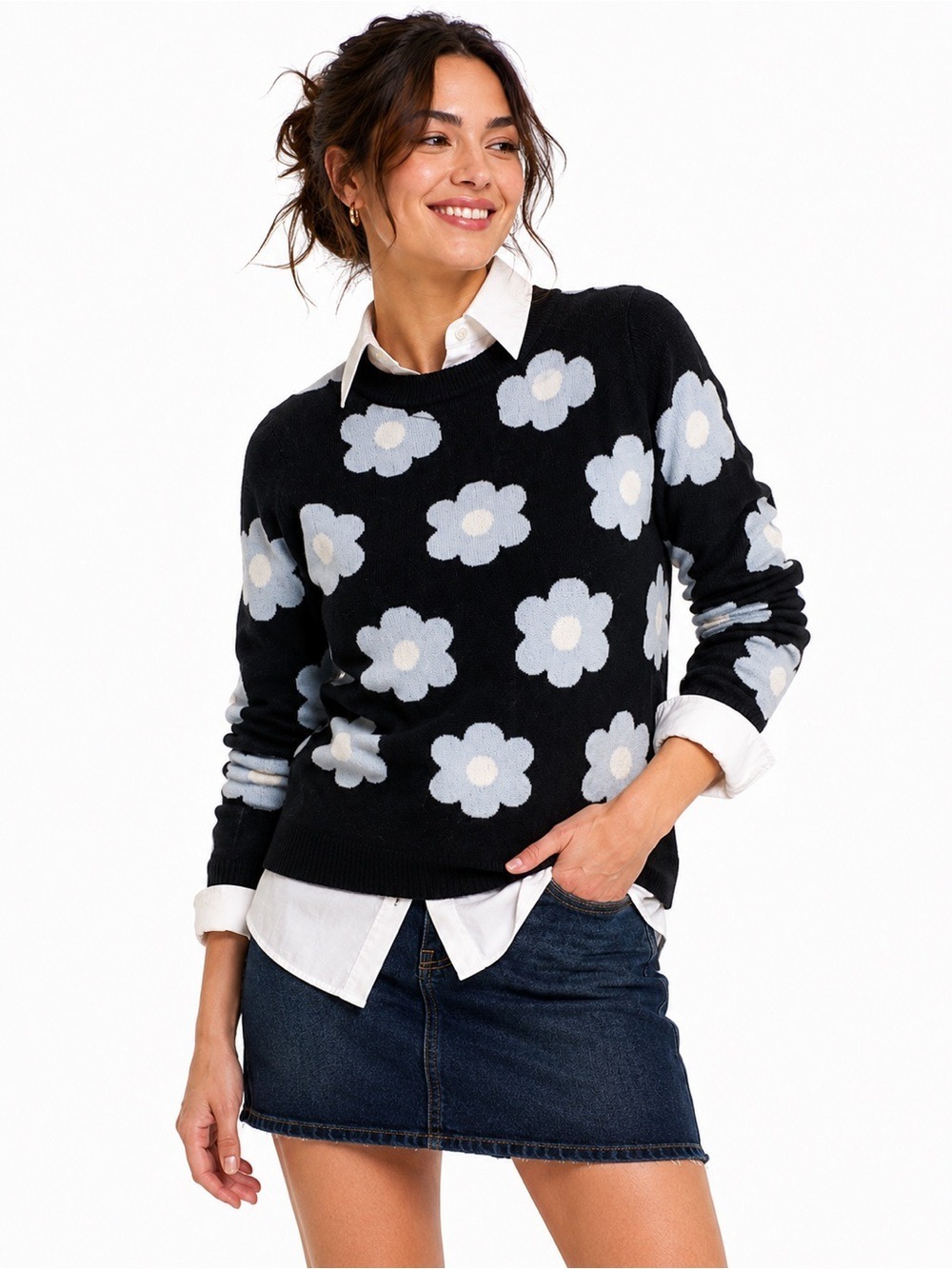 Cynthia Rowley Daisy Sweater Black Pale Blue Floral Crewneck Knit Women’s M